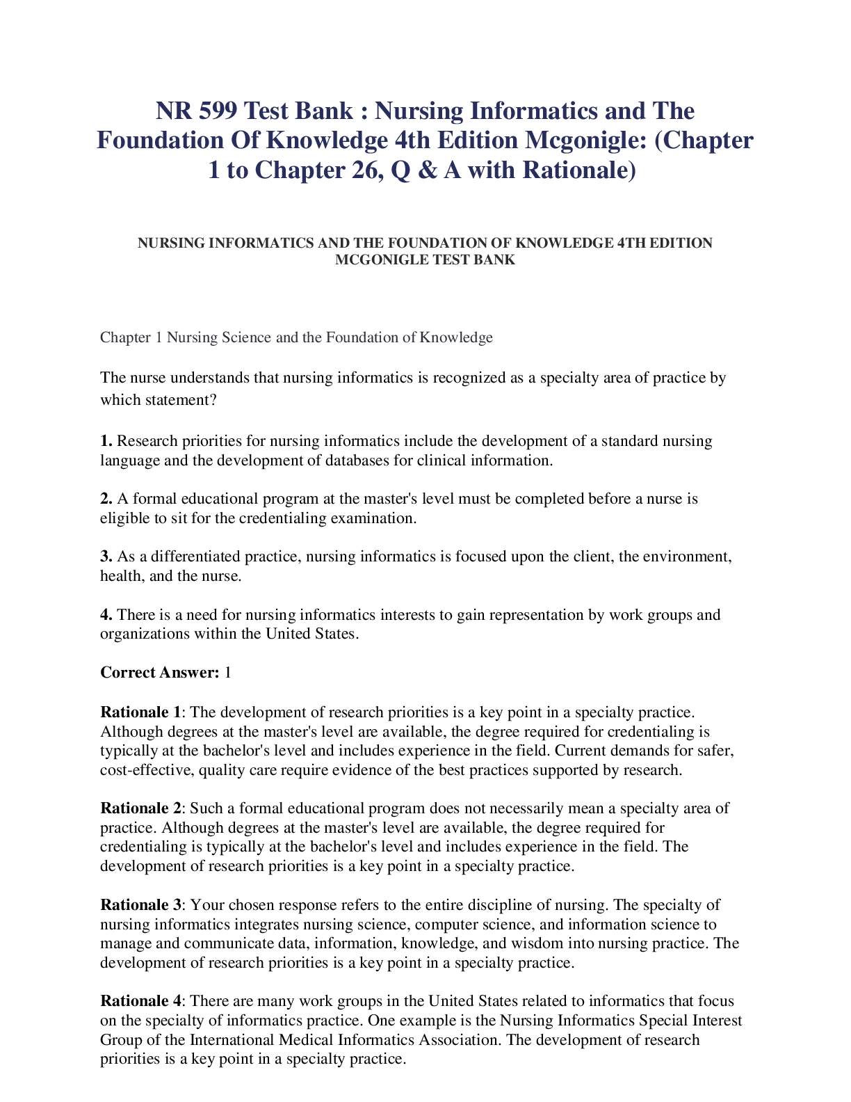 Preview of NR 599 Test Bank : Nursing Informatics and The Foundation Of Knowledge 4th Edition Mcgonig